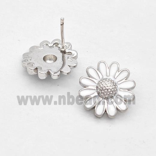 Copper Sunflower Stud Earrings White Enamel Platinum Plated