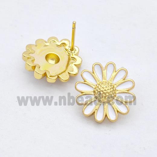 Copper Sunflower Stud Earrings White Enamel Gold Plated