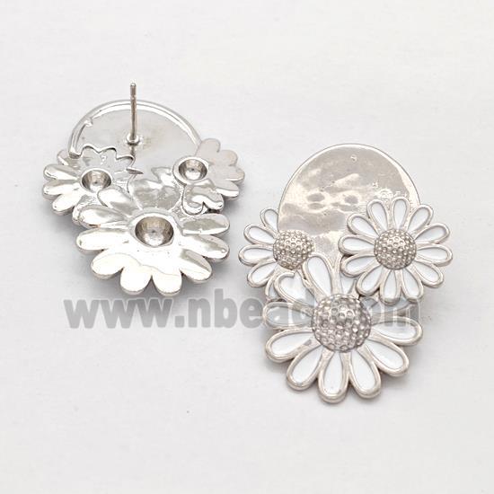 Copper Sunflower Stud Earrings White Enamel Platinum Plated