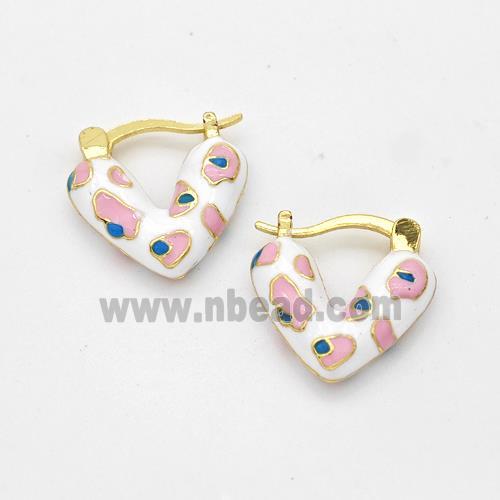 Copper Latchback Earrings Heart White Enamel Gold Plated