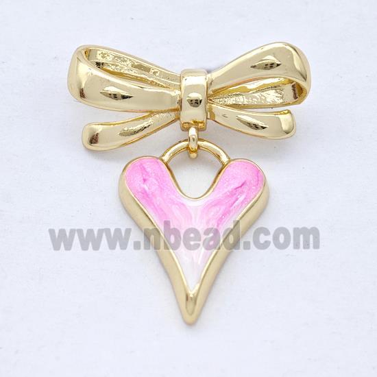 Copper Bowknot Heart Pendant Pink Painted 18K Gold Plated