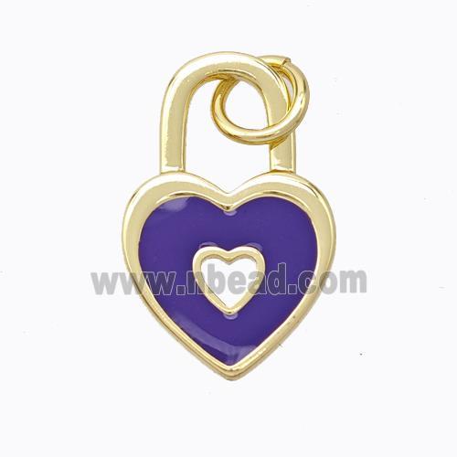 Copper Heart Lock Pendant Purple Enamel Gold Plated