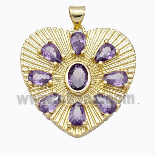 Copper Heart Pendant Micropave Purple Zirconia Gold Plated