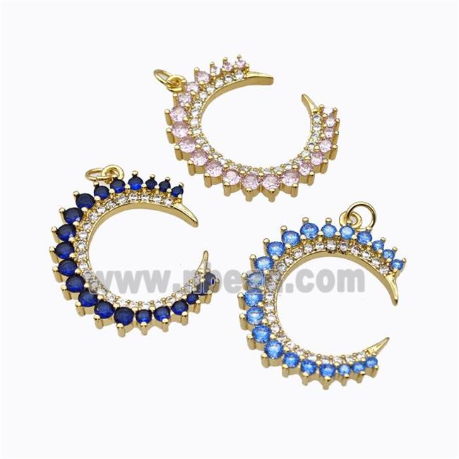 Copper Crescent Moon Pendant Micropave Zirconia Gold Plated Mixed