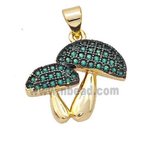 Copper Mushroom Pendant Micropave Green Zirconia Gold Plated