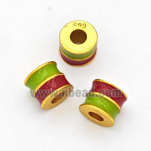 Copper Tube Beads Green Red Enamel Large Hole Gold Plated