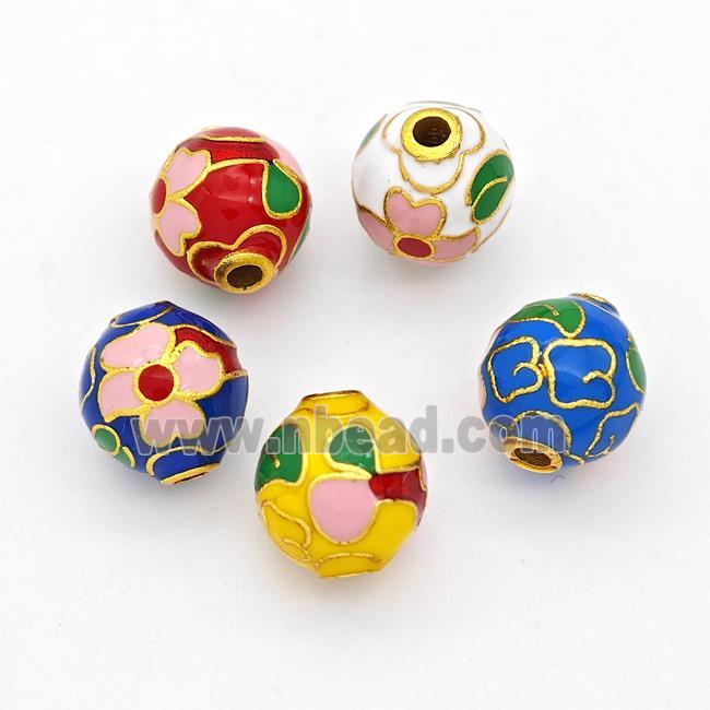 Copper Round Beads Cloisonne Multicolor Flower Gold Plated Mixed