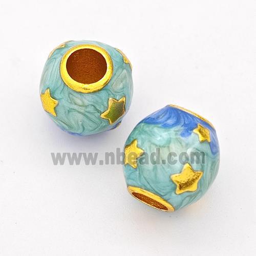 Copper Round Beads Teal Painted Large Hole Gold Plated