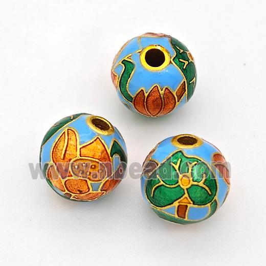 Copper Round Beads Cloisonne Multicolor Flower Gold Plated