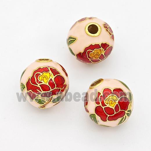 Copper Round Beads Cloisonne Multicolor Flower Gold Plated