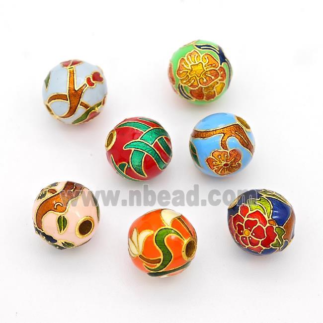 Copper Round Beads Cloisonne Multicolor Flower Gold Plated Mixed