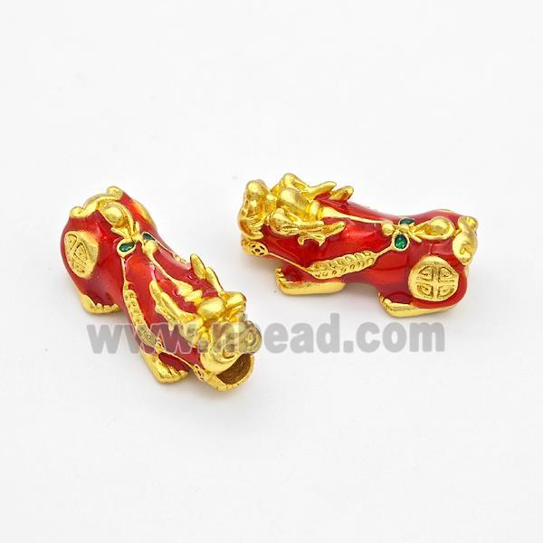 Copper Pixiu Charms Beads Red Enamel Large Hole Gold Plated