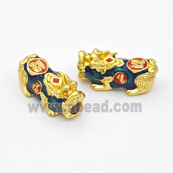 Copper Pixiu Charms Beads Bluegreen Enamel Large Hole Gold Plated