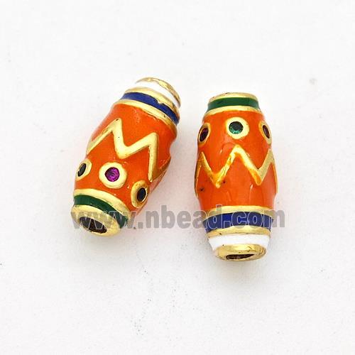 Copper Rice Beads Pave Zirconia Orange Enamel Gold Plated