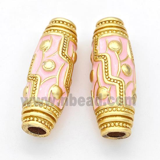 Copper Rice Beads Pink Enamel Large Hole Gold Plated