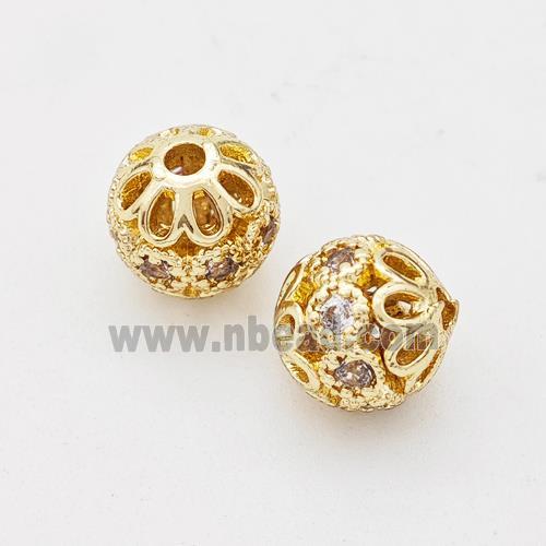 Copper Round Beads Micro Pave Zirconia Hollow Gold Plated