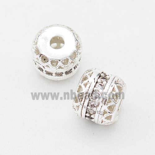 Copper Rondelle Beads Micro Pave Zirconia Hollow Shiny Silver