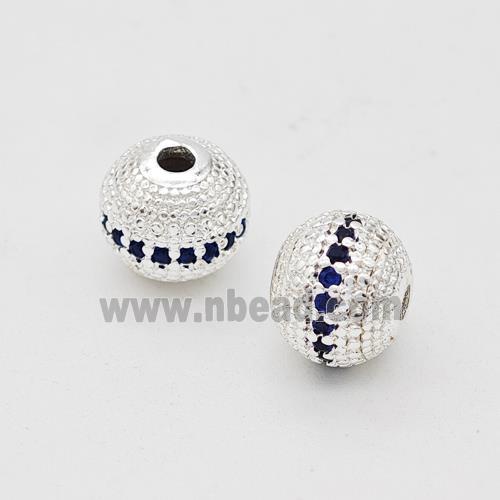 Copper Round Beads Micro Pave Blue Zirconia Shiny Silver