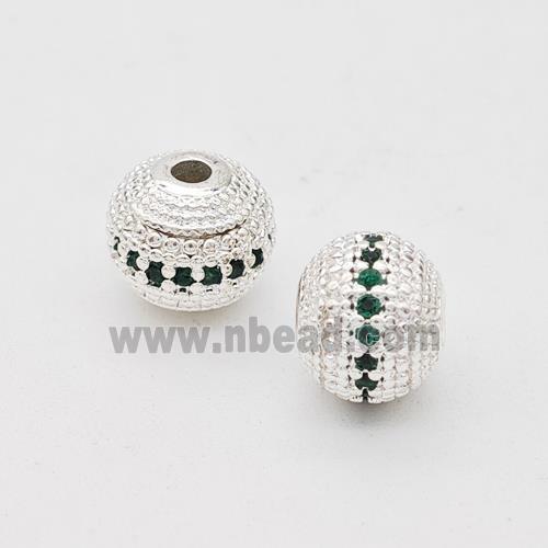 Copper Round Beads Micro Pave Green Zirconia Shiny Silver