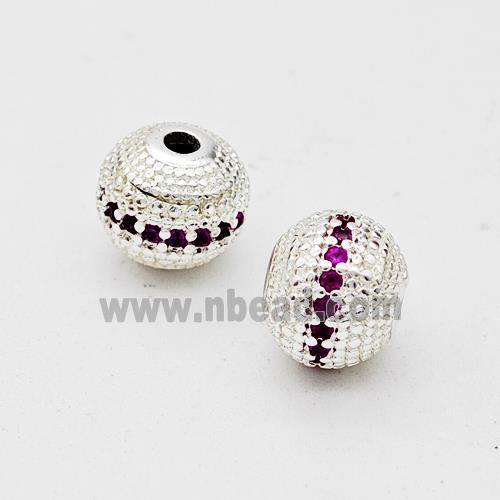 Copper Round Beads Micro Pave Fuchsia Zirconia Shiny Silver