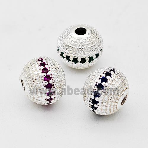 Copper Round Beads Micro Pave Zirconia Shiny Silver Mixed