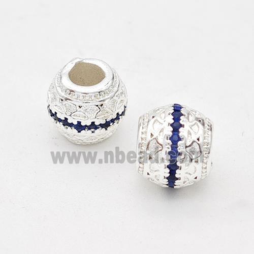 Copper Round Beads Micro Pave Blue Zirconia Large Hole Shiny Silver