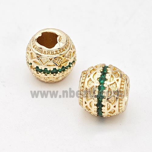 Copper Round Beads Micro Pave Green Zirconia Large Hole Gold Plated