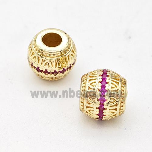 Copper Round Beads Micro Pave Fuchsia Zirconia Large Hole Gold Plated