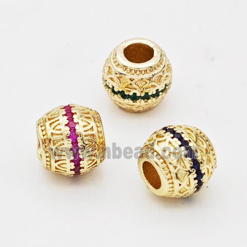 Copper Round Beads Micro Pave Zirconia Large Hole Gold Plated Mixed