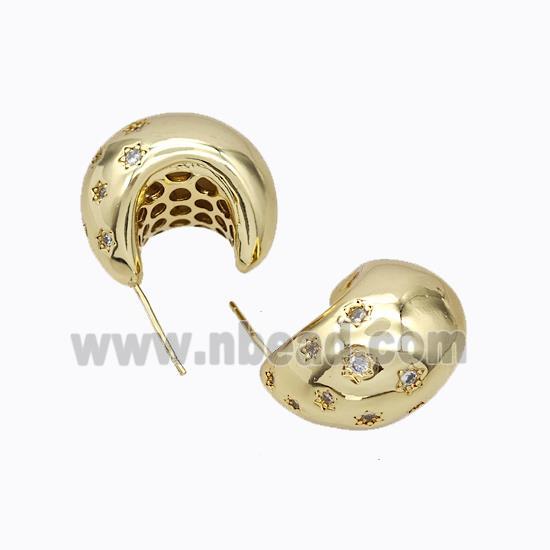 Copper Stud Earrings Micro Pave Zirconia C-Shape Hollow Gold Plated