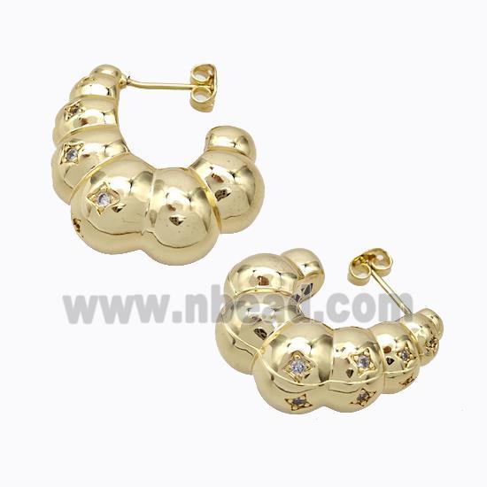 Copper Stud Earrings Micro Pave Zirconia C-Shape Hollow Gold Plated