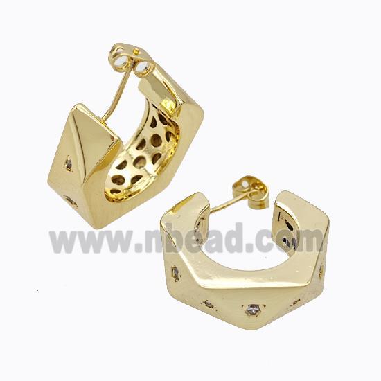 Copper Stud Earrings Micro Pave Zirconia C-Shape Hollow Gold Plated