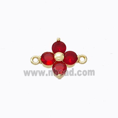 Copper Clover Connector Pave Red Zirconia Gold Plated