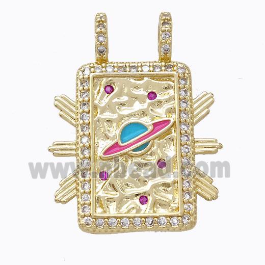 Copper Tarot Card Pendant Pave Zirconia Enamel Planet Rectangle Gold Plated