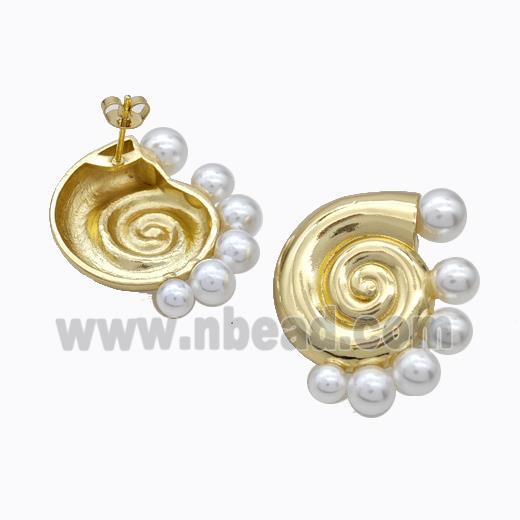 Copper Stud Earrings Pave Pearlized Resin Spiral Shell Gold Plated