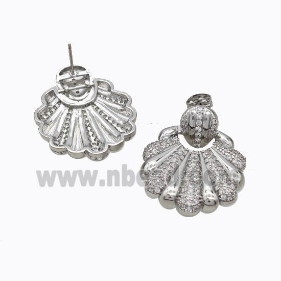 Copper Scallop Stud Earrings Micropave Zirconia Platinum Plated