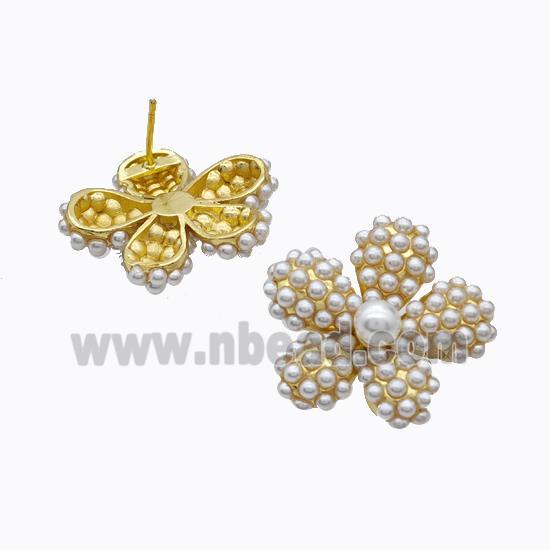 Copper Flower Stud Earrings Pave Pearlized Resin Gold Plated