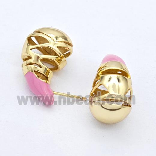 Copper Teardrop Stud Earrings Pink Enamel Hollow Gold Plated