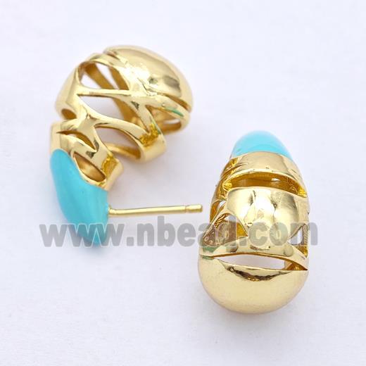 Copper Teardrop Stud Earrings Turqblue Enamel Hollow Gold Plated