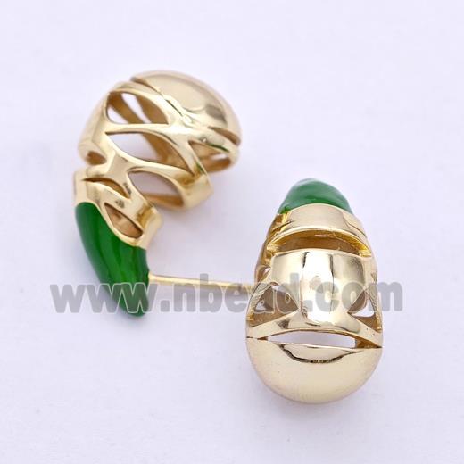 Copper Teardrop Stud Earrings Green Enamel Hollow Gold Plated