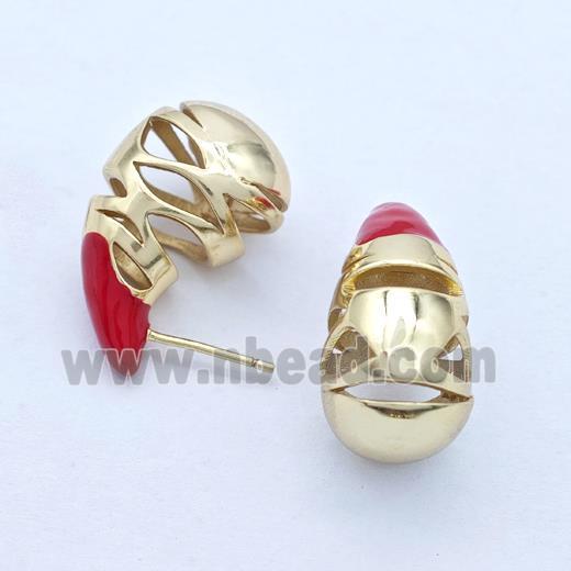 Copper Teardrop Stud Earrings Red Enamel Hollow Gold Plated