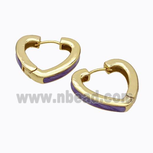 Copper Heart Latchback Earrings Purple Painted Gold Plated