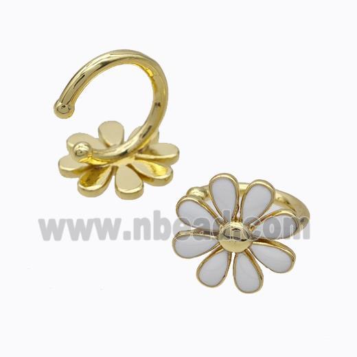 Copper Daisy Clip Earrings Flower White Enamel Gold Plated