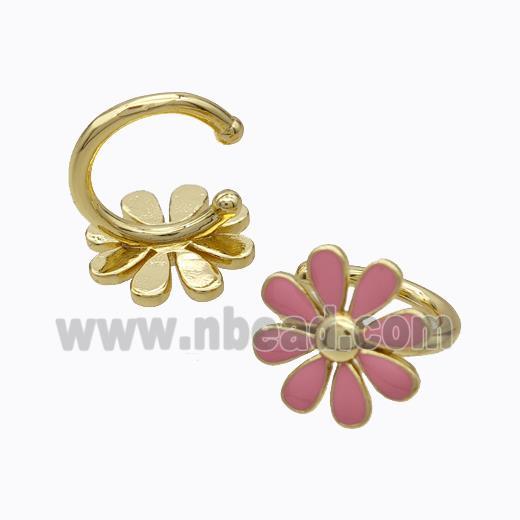 Copper Daisy Clip Earrings Flower Pink Enamel Gold Plated