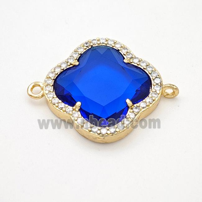 Blue Crystal Glass Copper Clover Connector Pave Zirconia Gold Plated