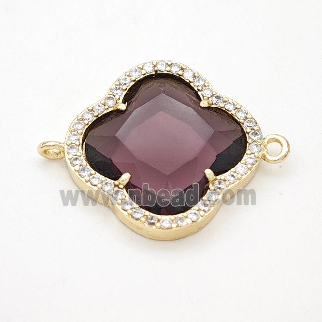 Purple Crystal Glass Copper Clover Connector Pave Zirconia Gold Plated