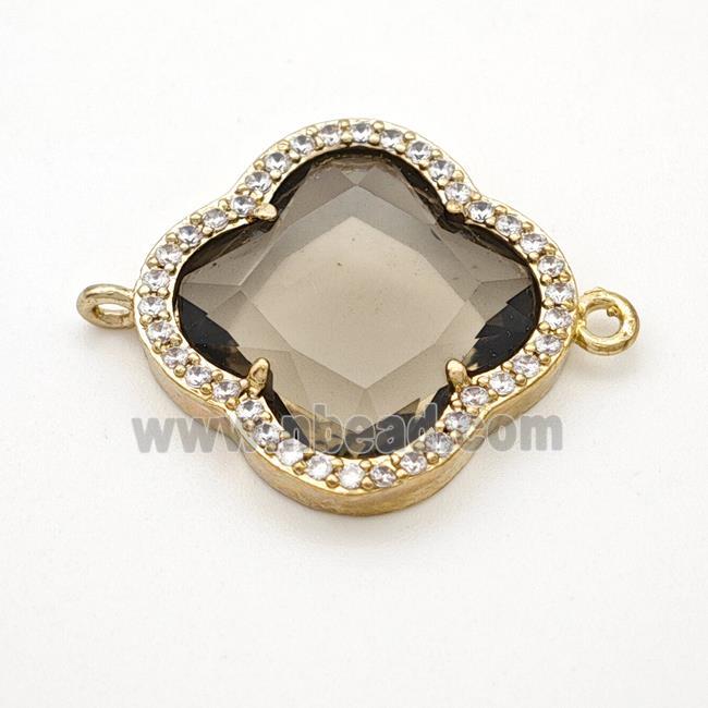 Smoky Crystal Glass Copper Clover Connector Pave Zirconia Gold Plated