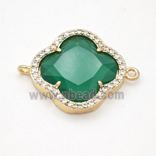 Green Jadeite Glass Copper Clover Connector Pave Zirconia Gold Plated