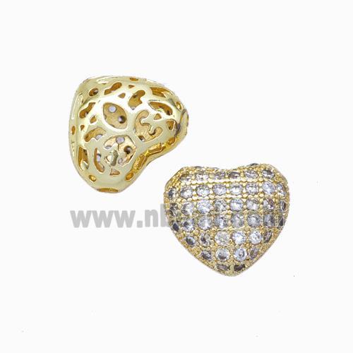 Copper Heart Beads Micropave Zirconia Hollow Gold Plated