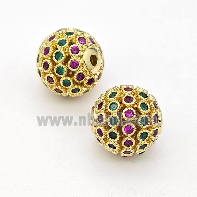 Copper Round Beads Micropave Multicolor Zirconia Hollow Gold Plated